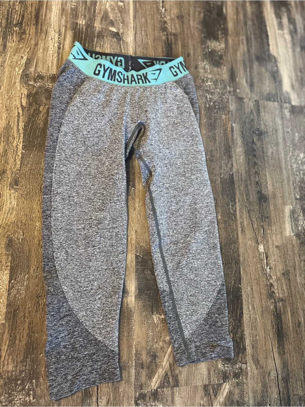 Gymshark Gray Leggings with Teal Logo Waistband